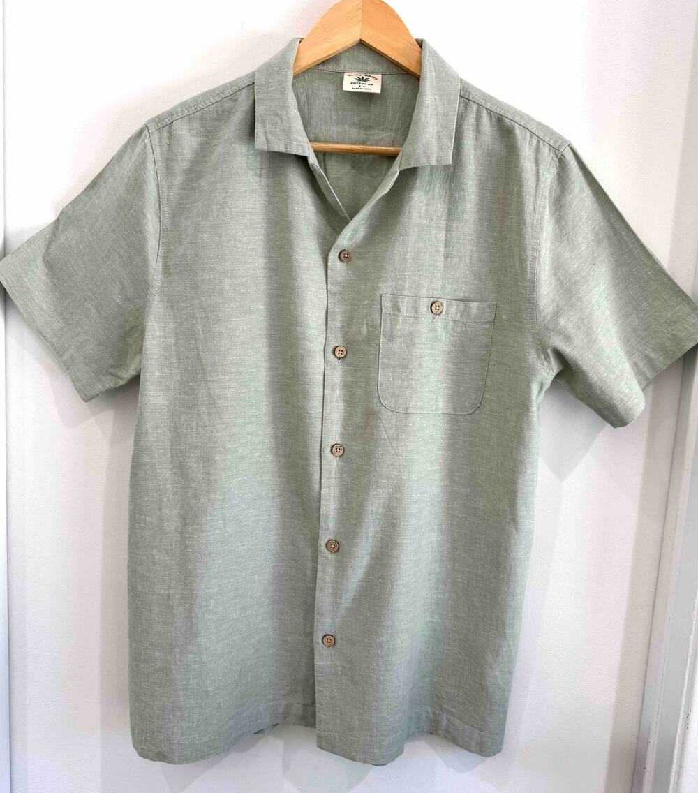 Mens Hemp/Cotton Sz SM Sage Green Button Up Camp Shirt Pocket Breathable